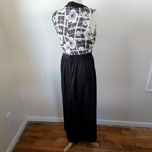Vintage 70s Black Silver Floral Lurex Disco Diva Maxi Dress Gown Polyester M/L - Picture 6 of 6